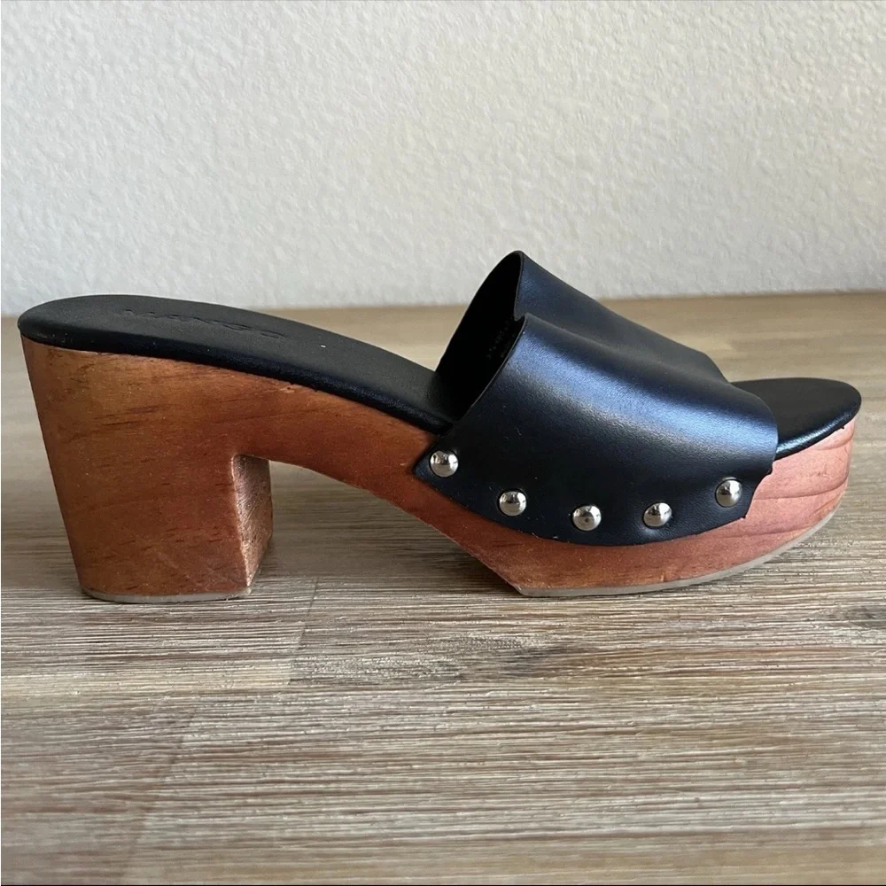 Mango Block Heel Shoes Black Leather Chunky Wood Studded Platform Women’s 7.5
